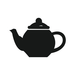 Simple black silhouette of a classic teapot with a lid and handle isolated on white background.