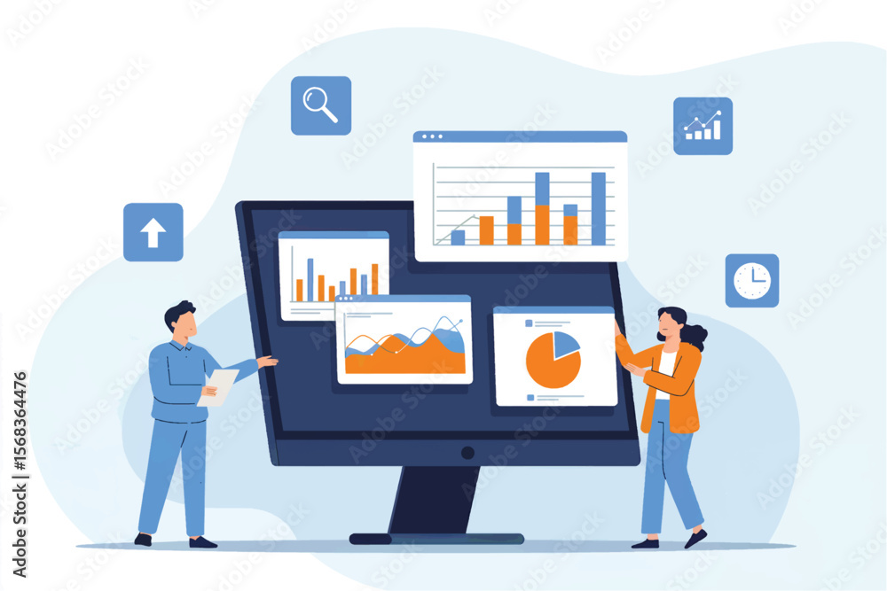 Poster two business professionals analyzing financial data charts and graphs on a computer screen isolated 
