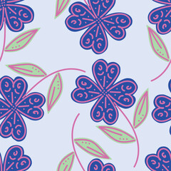 Modern and bold vector seamless pattern with large scale pink flowers on dark blue background. Hand-drawn in doodle style. Textile, background, packaging.
