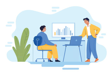 Two colleagues collaborating on a business project discussing financial data displayed on a computer screen and laptop isolated on white background