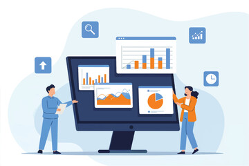 Two business professionals analyzing financial data charts and graphs on a computer screen isolated on white background