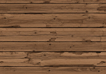 Obraz premium Seamless rustic wood texture with heavy grain, cracks, and rough surface, distressed brown planks, aged appearance, photorealistic detail, flat top-down lighting.