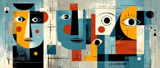 Abstract Cubist Faces in Bold Colors, Modern Art Painting with Geometric Shapes and Expressive Eyes, Contemporary Artwork