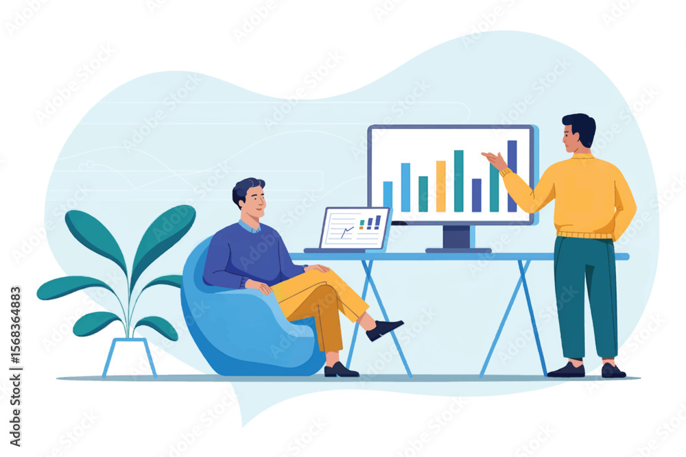 Poster two men in an office setting discussing financial growth charts on a computer screen and laptop isol