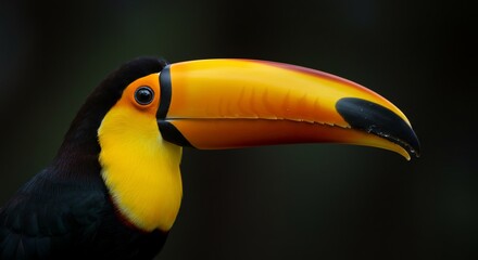 Fototapeta premium Striking Yellow-Chested Toucan Portrait with Detailed Beak and Dark Plumage