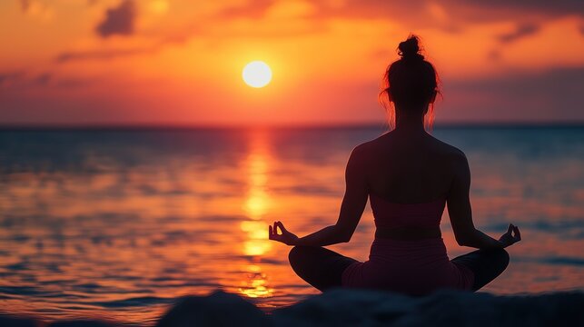 Sunset beach yoga silhouette, no facial features visible. Serene minimalist design for fitness apps, meditation posters, travel promotions, or wellness social media content. Natural raw style.