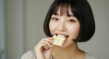 A cheerful young woman with short black hair enjoying a piece of white chocolate, captured in a close-up shot with soft lightin...