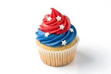 Festive red and blue swirl cupcake with white stars isolated on white background