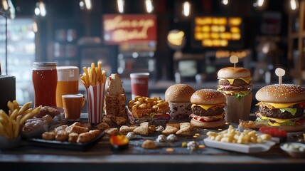 A vibrant display of a fast food meal including a burger, fries, and a drink, on a colorful blurred cafeteria background