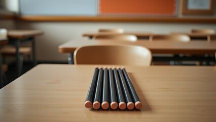 A classroom desk holds neatly arranged sharpened pencils, with soft focus on an empty chair nearby.