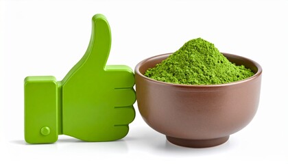 Vibrant green matcha powder in a bowl, beside a green thumbs up symbol, conveying approval for healthy food or beverage choice