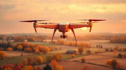 Drone surveys farmland at sunset time.