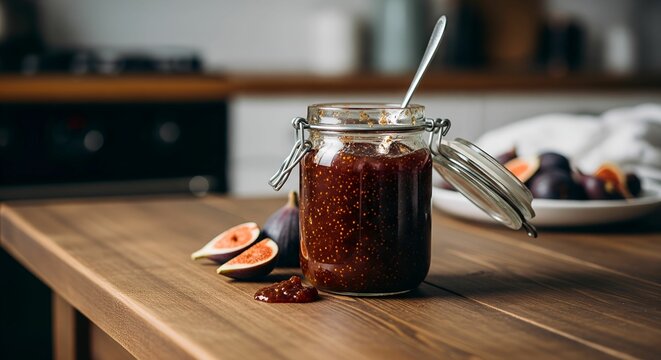  closeup view of red delicious original sugared fig jam glass jar on the table