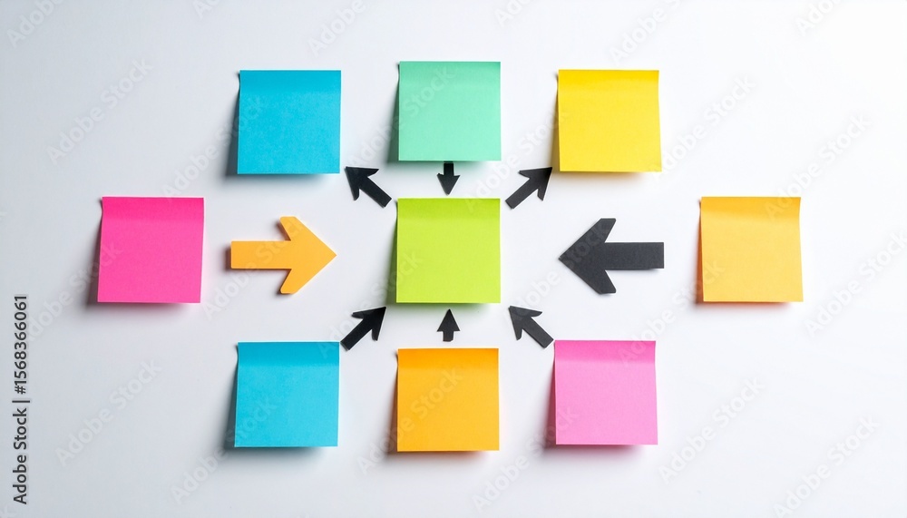 Poster colorful sticky notes arranged in a circular pattern, illustrating concepts of connection and organi