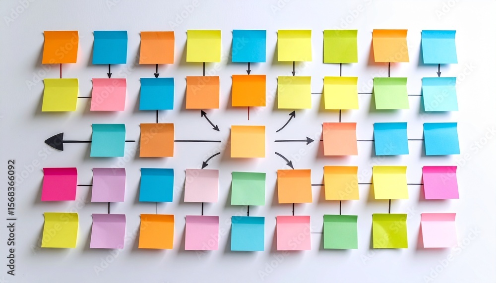 Poster colorful sticky notes arranged in an organized and interconnected manner, representing an overview o
