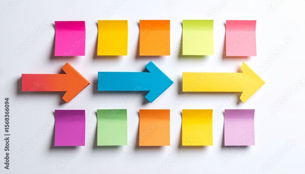 Poster colorful sticky notes arranged in a row with arrows pointing in different directions symbolizing cho