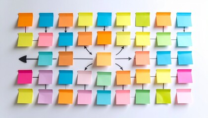 Colorful sticky notes arranged in an organized and interconnected manner, representing an overview of a project and concept