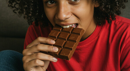A joyful young woman with curly hair savors a bite of chocolate, her bright smile and red shirt creating a warm, inviting atmos...