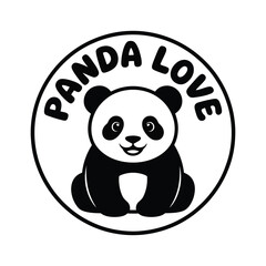Kawaii silhouette emblem of playful panda sitting inside circular badge with panda love text