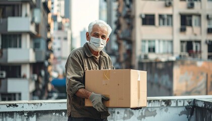 A man wearing a face mask carries a box in an urban setting. Buildings and overcast skies are in the background
