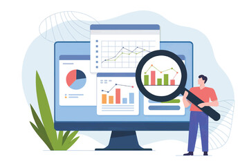 Man examining financial data charts and graphs on a computer screen with a magnifying glass isolated on white background