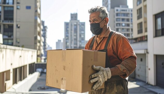 A delivery person walking with a cardboard box, wearing a mask to deliver. Expressing essential services and precautions
