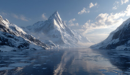 Snowy Mountain Range Over Frozen Water