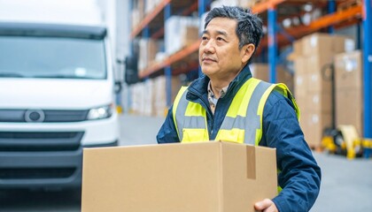 A warehouse worker carefully carrying a large cardboard box. A delivery van is visible in the background.