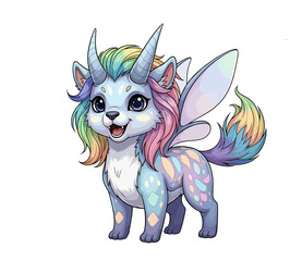 Mythical winged wolf creature and guardian of fairies in the forest - isolated white background illustration