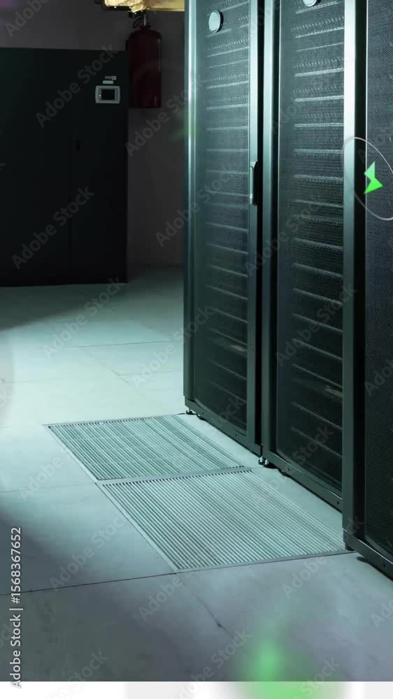Poster animation of eco icons and data processing over computer servers