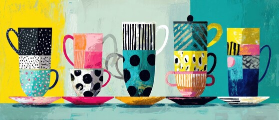Colorful stacked coffee cups with abstract patterns in vibrant kitchen art illustration Whimsical still life of painted teacups and saucers in a modern art style