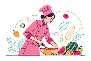 Culinary Creations: A chef meticulously prepares fresh ingredients in a kitchen setting, surrounded by colorful fruits and vegetables, ready to create a delectable culinary masterpiece.