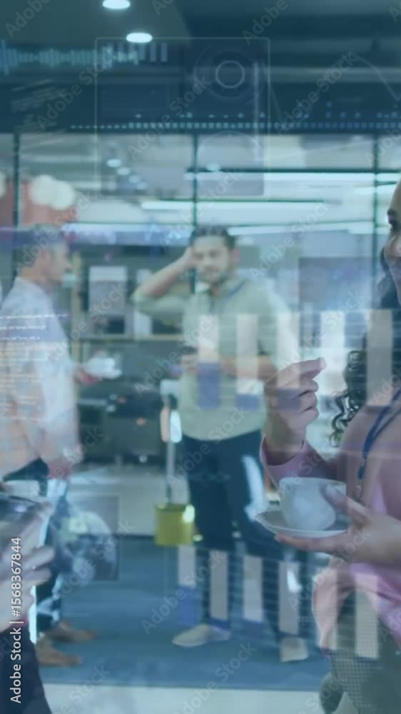 Poster animation of data processing over diverse colleagues drinking coffee in office