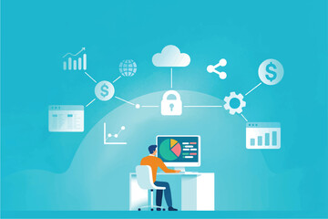 Man analyzing financial data and business growth charts on computer connected to cloud services and security isolated on white background