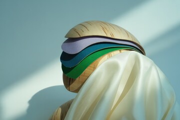 Wooden layered object with colorful sheets and flowing white silky material