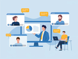 Diverse group of people participating in a virtual meeting with video conferencing and chat bubbles isolated on white background