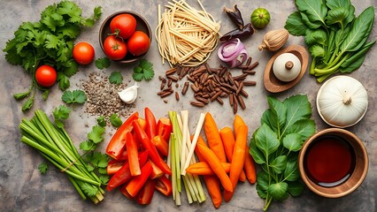 Fresh Asian ingredients are beautifully arranged on a stone surface, showcasing vibrant herbs and spices.