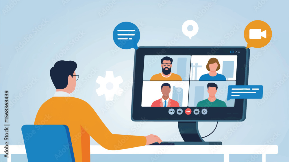 Poster man participating in a video conference call with colleagues discussing business strategy and projec