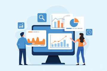 Two business professionals analyzing financial data charts and graphs on a computer screen with icons representing search and time isolated on white background