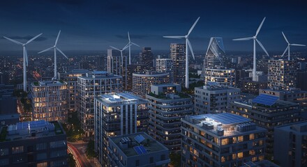Naklejka premium Sustainable Cityscape at Night with Solar Panels and Wind Turbines