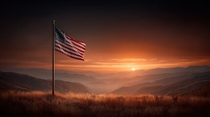 Close-up of stars and stripes on American flag flying high on flagpole at sunrise