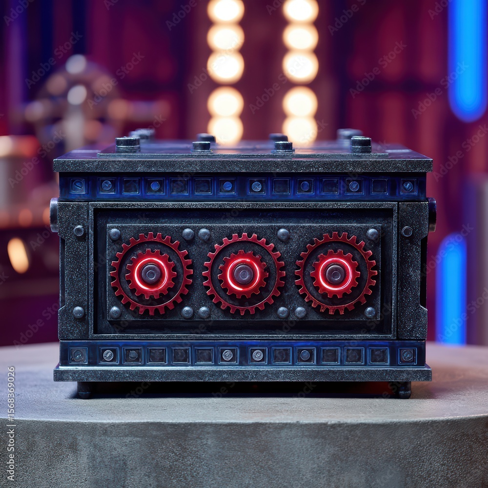 Poster intricately designed mechanical box with gears on a stone surface in a colorful background for artis