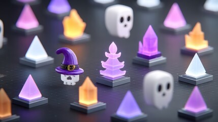 Colorful 3D game assets featuring vibrant skulls and mystical gems perfect for fantasy-themed projects and Halloween designs