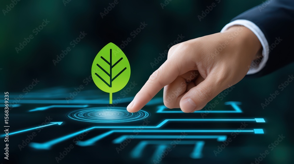 Poster hand touching digital interface with leaf symbolizing technology and nature connection in future eco