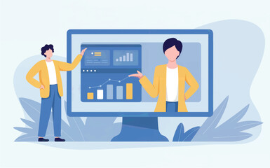 Two people are presenting a business growth chart on a computer screen isolated on white background