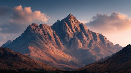 Golden sunlight casting warm hues over rugged mountain peaks at sunset with soft clouds drifting by