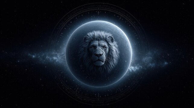 Glowing Leo zodiac sign projected onto a celestial sphere with surrounding stars and constellations