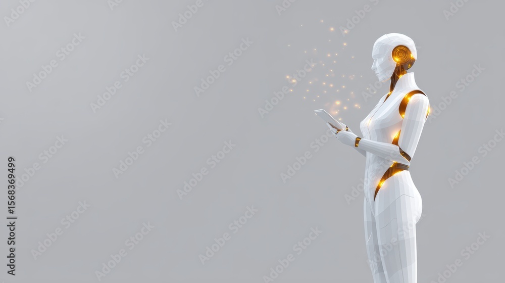 Poster futuristic humanoid robot with glowing circuits interacting with a smartphone against a minimalistic
