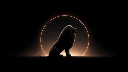 Leo lion silhouette in front of a glowing zodiac circle with stars and cosmic elements on black background