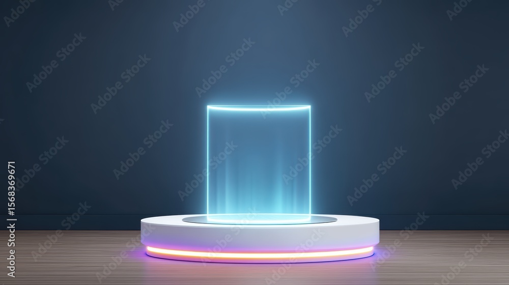 Poster futuristic display platform with glowing edges and transparent element for digital presentations in 